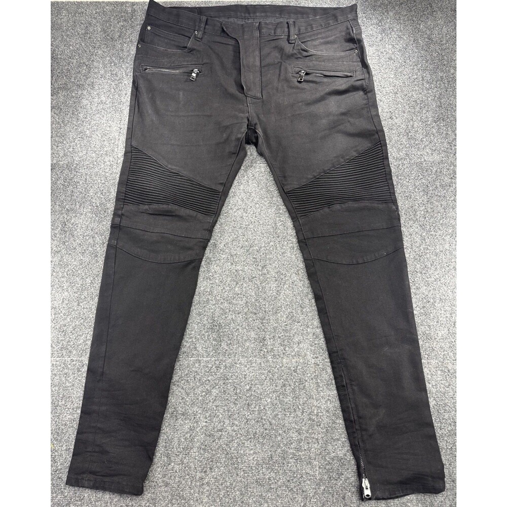 MNML Men’s Moto Biker Jeans Size 40 Black Ribbed Knee Zip Pockets Ankle Zippers